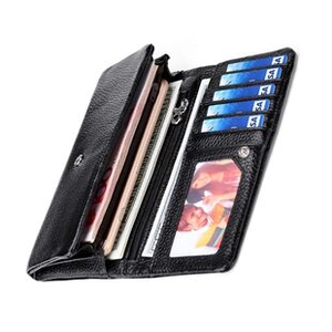Internal view of black leather wallet showing card slots and zippered pocket