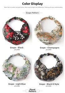 Detailed view of floral embroidery patterns on lightweight lace headbands in four colors