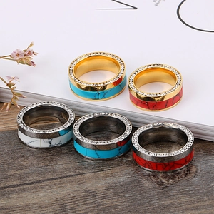 Boho style 5-piece stackable rings set with turquoise and crystal in gold finish