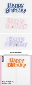 Detailed view of colorful Happy Birthday cake toppers in blue, pink, purple and orange