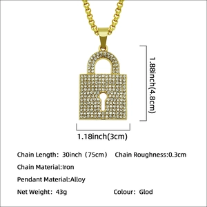 Punk style iced out gold lock pendant necklace with 30-inch box chain for men