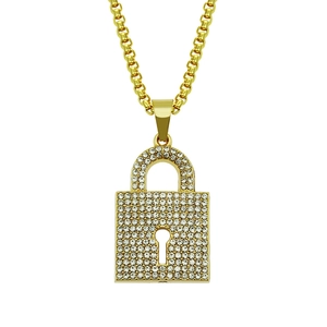 Lock Pendant Necklace Alloy Rhinestone Iced Out Men Hip Hop Punk Street Style Sparkly Jewelry Trendy Accessories