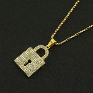 Gold iced-out lock pendant necklace with sparkling rhinestones and box chain for hip hop style