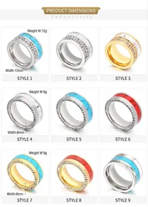 Detailed size chart showing width and weight for turquoise and crystal inlay rings