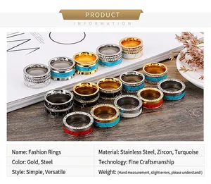 Detailed specs for stainless steel turquoise and cubic zirconia multi-layer rings
