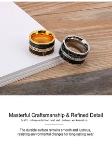 Detailed shot of wide titanium steel rings with black marble inlay and pave rhinestones