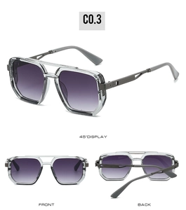 Three views of square aviator sunglasses with transparent grey frames and purple gradient lenses