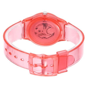 Macro view showing the red translucent resin watch case and metal buckle strap