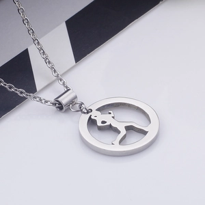 Silver running woman pendant necklace in a minimalist titanium steel circular design