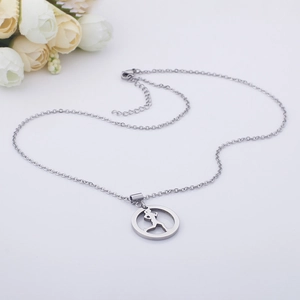 Silver running woman necklace with round silhouette pendant and adjustable link chain