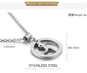 Detailed size chart of stainless steel running girl pendant necklace 450x2mm and 20mm