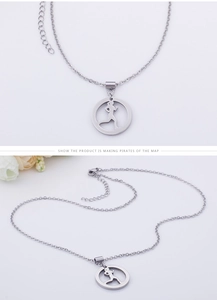 Detailed close-up and flat lay of silver running figure silhouette necklace in titanium steel