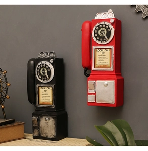 Retro wall-mounted 1957 style resin payphone decor in red and black vintage finish