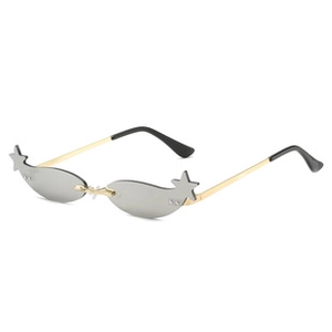 Detail of rimless sunglasses with grey lenses and silver star accents on gold metal temples