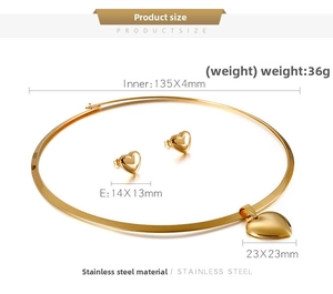 Detailed size chart for stainless steel heart pendant choker and matching earring set
