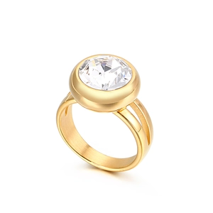 Modern gold stainless steel ring featuring a large round crystal and hollow geometric design