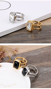 Detail shot of stainless steel rings with large rectangular zircons in gold and silver