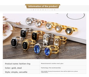 Detail showing various geometric shapes of stainless steel rings on a wooden surface