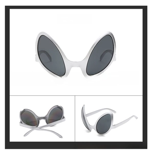 Detailed multi-angle views of silver alien-shaped novelty party sunglasses with grey lenses