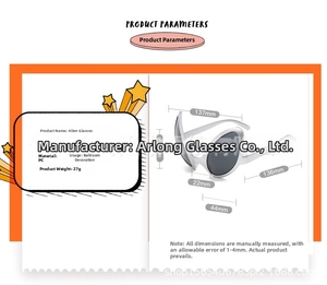 Detailed size chart of silver alien glasses with dimensions for party decoration accessory