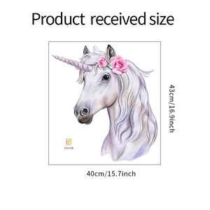 Detailed dimension guide for watercolor unicorn wall sticker with pink roses measuring 43x40cm