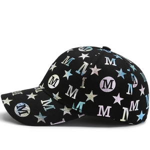 Black cotton baseball cap with multi-color M letter and star pattern print for sun protection