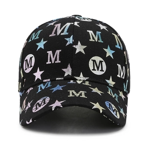 Fashionable black baseball cap with rainbow star patterns and M letter embroidery