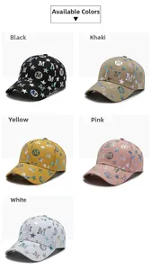 Detail view of cotton baseball caps with metallic M prints in five various colors