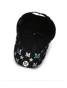 Close-up of black cotton baseball cap interior showing laser M logo and wash label