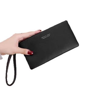 Elegant black faux leather long clutch wallet for women with golden zipper and wrist strap