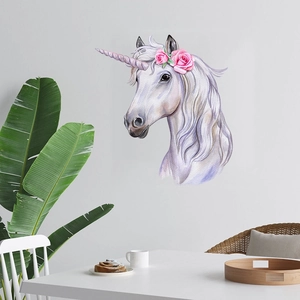 Watercolor unicorn wall sticker with pink roses for children bedroom decoration