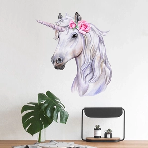 Modern watercolor unicorn wall sticker with pink flowers for children's bedroom decor