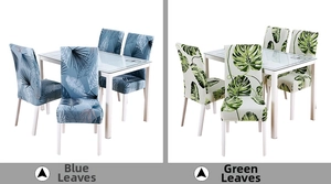 Detail of stretch chair covers featuring Midsummer and Green Leaves tropical leaf patterns