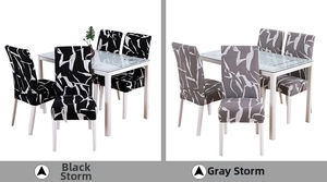 Detail of high-stretch chair covers in black and grey storm patterns with floral textures