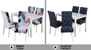 Detail view of Water Cube and Football Grid elastic chair covers on modern dining chairs