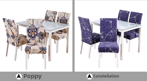 Detail of elastic chair covers in vintage poppy and purple constellation patterns