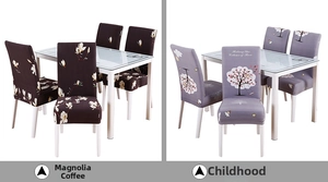 Elastic chair covers in dark coffee magnolia and light grey swing tree patterns