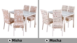 Detail of stretch chair covers in floral sand and coffee mocha printed patterns