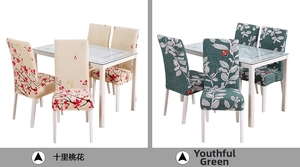 Detail of stretch chair covers in floral Peach Blossom and Green Nature patterns
