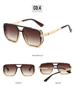 Detail view of square tortoiseshell sunglasses with engraved golden metal temples