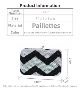 Sequin evening clutch featuring black and white wave patterns, size 14x6x9cm with ball clasp