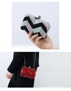 Detail of wavy sequin evening clutch featuring metal clasp and detachable chain strap