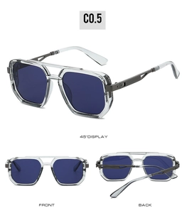 Three-way view of aviator sunglasses with transparent frames and blue lenses