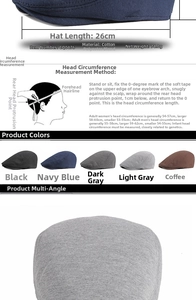 Detailed size guide and material specs for a cotton blend newsboy cap in 5 colors