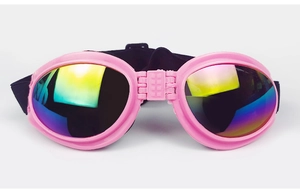 Close-up of pink pet goggles with colorful reflective lenses and adjustable black head strap