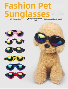 Detail view of pet goggles featuring adjustable straps and UV protection nose pads