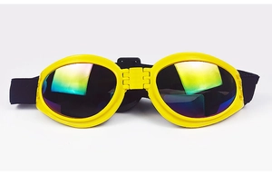 Detail of yellow pet goggles featuring rainbow lenses and adjustable black elastic headband