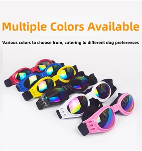 Foldable pet goggles showing six colors with adjustable straps and reflective lenses