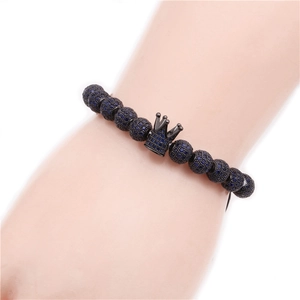 Adjustable micro-pave crown beaded bracelet with blue zircon and black copper beads