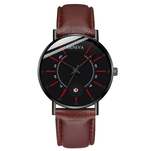 Macro detail of men's business watch with black dial, red markers and date window display